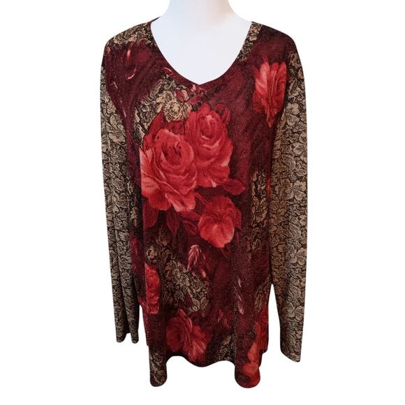 VINTAGE STONEBRIDGE Top Blouse Shirt Roses Floral Sparkles‎ Size XL Red Gold - Picture 8 of 9